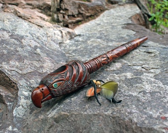 Hand Carved Ceremonial Pipe ( Calumet ) Made of Palo Sangre | Ornament Hummingbird and Eagle Head | 36 cm