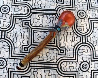 Shamanic Ceremonial Rattle | Decorated with Peruvian Turquoise and Feather | Handle part made of Aya Vine