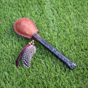 Snake Figure Shamanic Rattle ( Maracas ) from Peru | Handle part made of Machu Picchu Stone | Decorated  with Domestic Feather