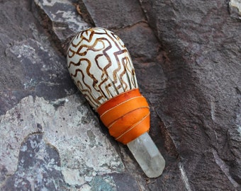 Shamanic Ceremonial Rattle with Shipibo Pattern | Handle part made of Clear Quartz