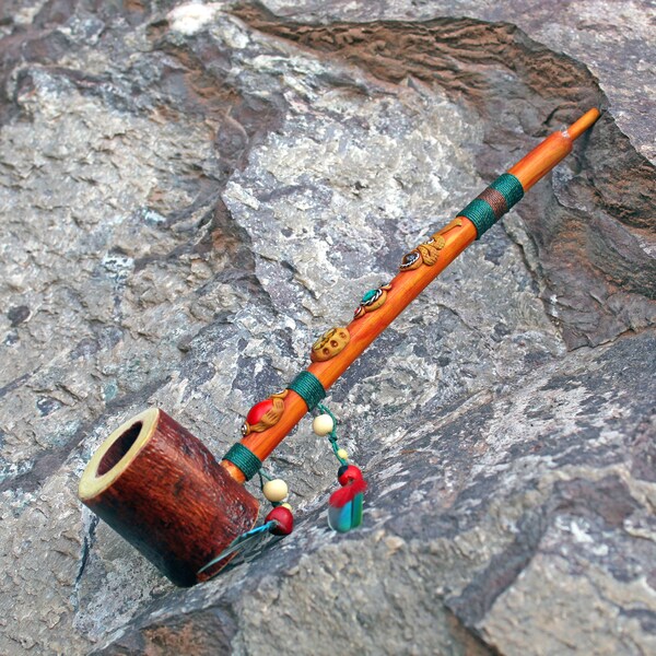 Ceremonial Pipe ( Calumet ) Made of Bamboo and Avocado Wood | Decorated with Tiger's Eye, Macaw Feather, Turquoise and Aya Vine