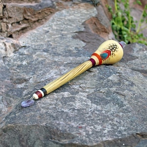 Peruvian Shamanic Ceremonial Rattle | Decorated with Amethyst, %100 Organic Rope and Domestic Feather Feather | Handle part made of Aya Vine