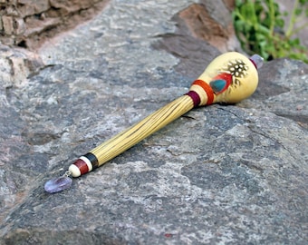 Peruvian Shamanic Ceremonial Rattle | Decorated with Amethyst, %100 Organic Rope and Macaw Feather | Handle part made of Aya Vine