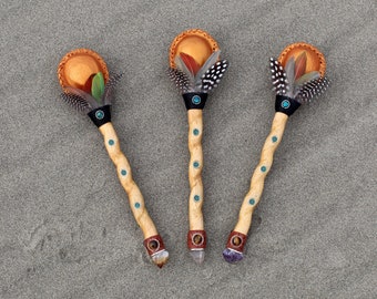 Ceremonial Rattle ( Maraca ) from Peru | Decorated with Peruvian Turquoise and Tiger's Eye | Handle part made of Capirona