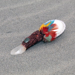 Owl | Shamanic Rattle ( Maracas ) from Peru | Handle part made of Quartz Crystal