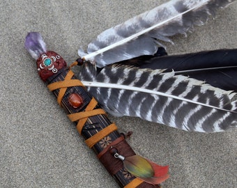 Shaman Talking Stick Made of Chonta Wood | Decorated with Amethyst, Aya Vine, Red Jade, Mother of Pearl, Turquoise and Turkey Feather 52 cm.