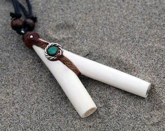 Necklace Bone Kuripe ~ Kuripi Self Applicator | Decorated with Aya Vine and Peruvian Turquoise Stone