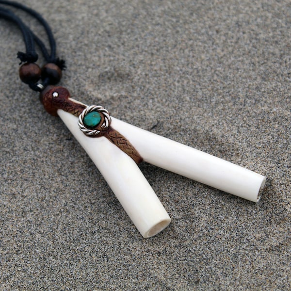 Necklace Bone Kuripe ~ Kuripi Self Applicator | Decorated with Aya Vine and Peruvian Turquoise Stone