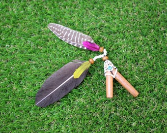 Kuripe Self Applicator | Made of Algarrobo | Decorated with Shipibo Beads and Domestic Feather