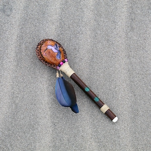 Hummingbird Rattle Decorated with Beads, Domestic Feather and Peruvian Turquoise | Shamanic Rattle  Peru | Handle part made of Madera Negra