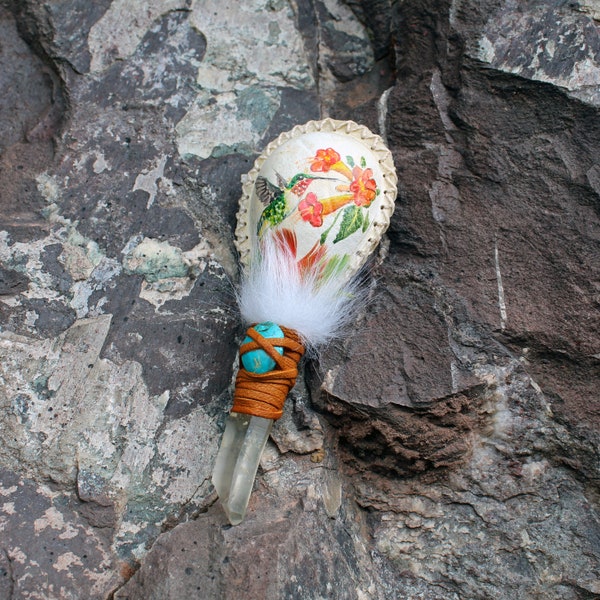 Hummingbird and Snake Ceremonial Shamanic Rattle ( Maracas ) from Peru | Decorated with Turquoise | Handle part made of Quartz Crystal