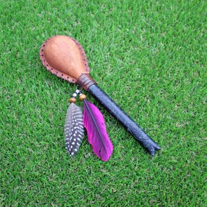 For Solar Plexus Figure Shamanic Rattle | Handle part made of Machu Picchu Stone | Decorated  with Domestic Feather | Peruvian Instruments