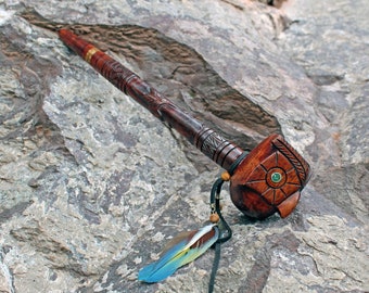 Hand Carved Ceremonial Pipe ( Calumet ) Made of Palo Sangre | Ornament Hummingbird and Owl | 32 cm