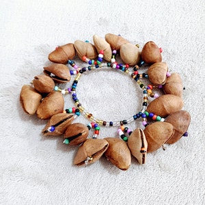 May include: A colorful beaded bracelet with a series of brown seed pods attached. The bracelet is made with small, colorful beads and the seed pods are arranged in a circle around the bracelet.