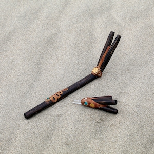 Double Nostril Chonta Kuripe and Tepi Set | Made of Chonta Wood | Decorated with Aya Vine and Turquoise Stone | From Peru