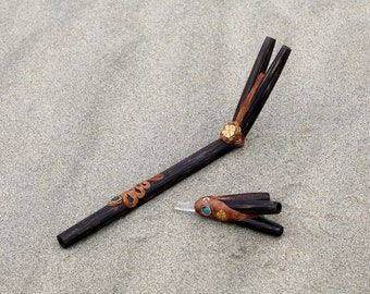 Kuripe Tepi Set | Double Nose | Made of Chonta Wood | Decorated with Amazon Rainforest Wood and Turquoise Stone | From Peru