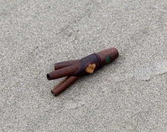 Double Nostril Kuripe Self Applicator | Made of Madera Negra | Decorated with Peruvian Turquoise and a piece of Aya Vine