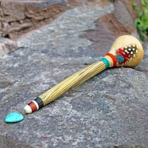 Peruvian Ceremonial Shaman Rattle | Decorated with Turquoise, %100 Organic Rope and Domestic Feather | Handle part made of Aya Vine
