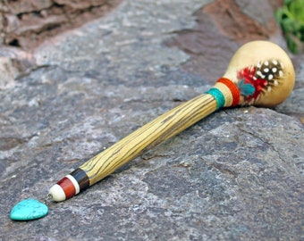 Peruvian Shamanic Ceremonial Rattle | Decorated with Onix, %100 Organic Rope and Macaw Feather | Handle part made of Aya Vine