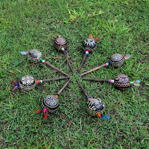 Medium Head Rattle | Shipibo Shamanic Ceremonial Hand Made Maracas ( Shamanic Rattle ) From Peru | Head Diameter average 7 - 8 cm.