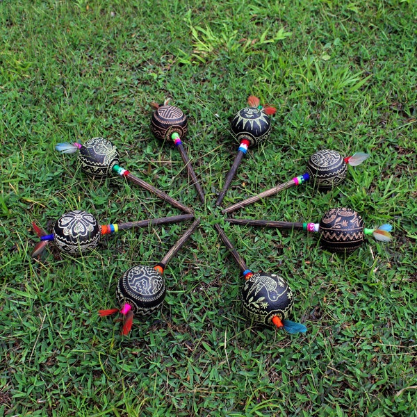 Medium Head Rattle | Shipibo Shamanic Ceremonial Hand Made Maracas ( Shamanic Rattle ) From Peru | Head Diameter average 7 - 8 cm.