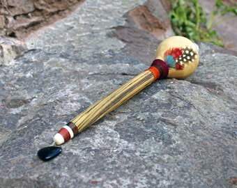 Peruvian Shamanic Ceremonial Rattle | Decorated with Onix, %100 Organic Rope and Macaw Feather | Handle part made of Aya Vine