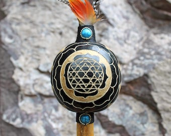 Sri Yantra Pattern Shamanic Rattle ( Maracas ) from Peru | Handle part made of Aya Vine | Decorated with Peruvian Turquoise