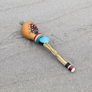 Peruvian Shamanic Ceremonial Rattle | Decorated with Blue Jade, %100 Organic Rope and Domestic Feather | Handle part made of Aya Vine
