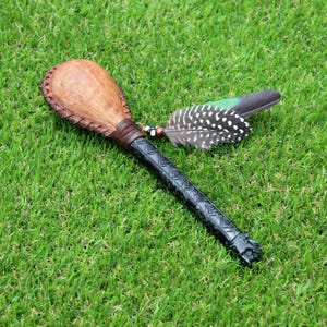 Jaguar Figure Shamanic Rattle | Handle part made of Machu Picchu Stone | Decorated  with Domestic Feather | Peruvian Musical Instruments