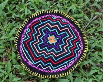 Chakana Pattern Shipibo Altar Cloth made by Shipibo Female Shaman | 25 cm in diameter  | Traditional Shipibo Embroidery