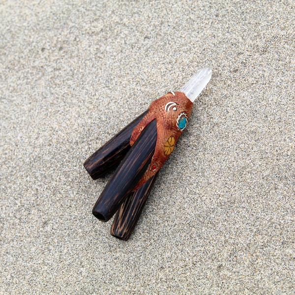 TUYAU DOUBLE KURIPE en bois de chonta avec turquoise du Pérou, vigne d'Aya et quartz clair