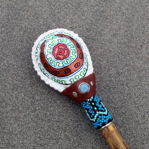 Aya Heart and Snake | Decorated with Shipibo beads and Moon Stone | Shamanic Rattle from Peru | Handle part made of Amazon Rainforest Wood