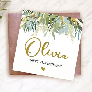Carte de joyeux anniversaire, carte de visite d'anniversaire pour un ami, carte d'anniversaire de nièce, anniversaire de tante, verdure d'eucalyptus, carte, célébration, feuille d'or