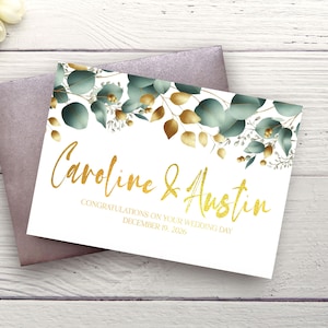 Carte de mariage personnalisée eucalyptus sur papier cartonné, noms et date des couples, cadeau de jeunes mariés, anniversaire, félicitations, carte de luxe personnalisée