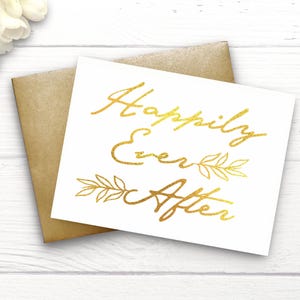 Carte de mariage « Happily Ever After », feuille d'or, d'argent ou d'or rose, cadeau de jeunes mariés, anniversaire, félicitations, salutation, cadeau élégant