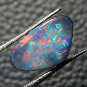 May include: A polished, oval-shaped opal gemstone, held by silver tweezers. The opal displays a dark base color with vibrant internal play-of-color, including flashes of red, blue, and green. The gemstone is the focal point against a blurred, textured background.
