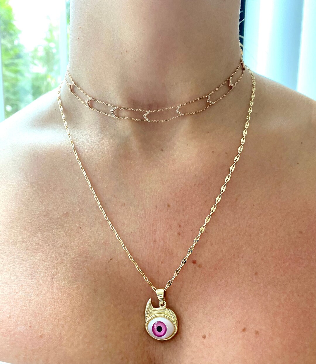 Lito Bleu and Pink Evil Eye Necklace 2022 Good Luck Evil Eye Charm Necklace Gold Plated Chain