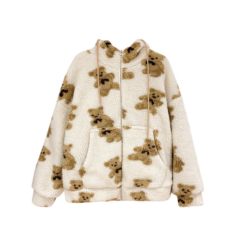 Women's Sherpa Teddy Bear Print Fluffy Fur Cozy Zip up Jacket With Bow ...