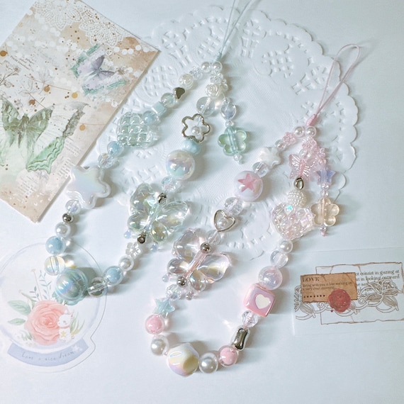 Chaine Telephone Portable Perle Dragonne Papillon Lanyard