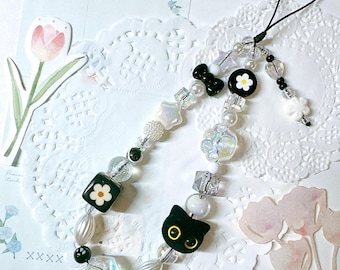 Black Kitten Phone Charm, Handmade Camera Strap