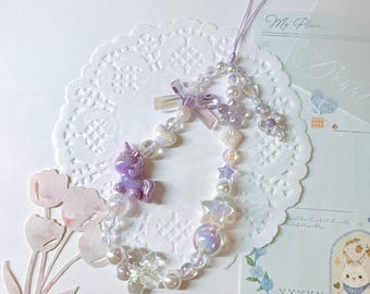 Purple Unicorn Beaded Phone Charm: Handmade Wrist Strap Lanyard