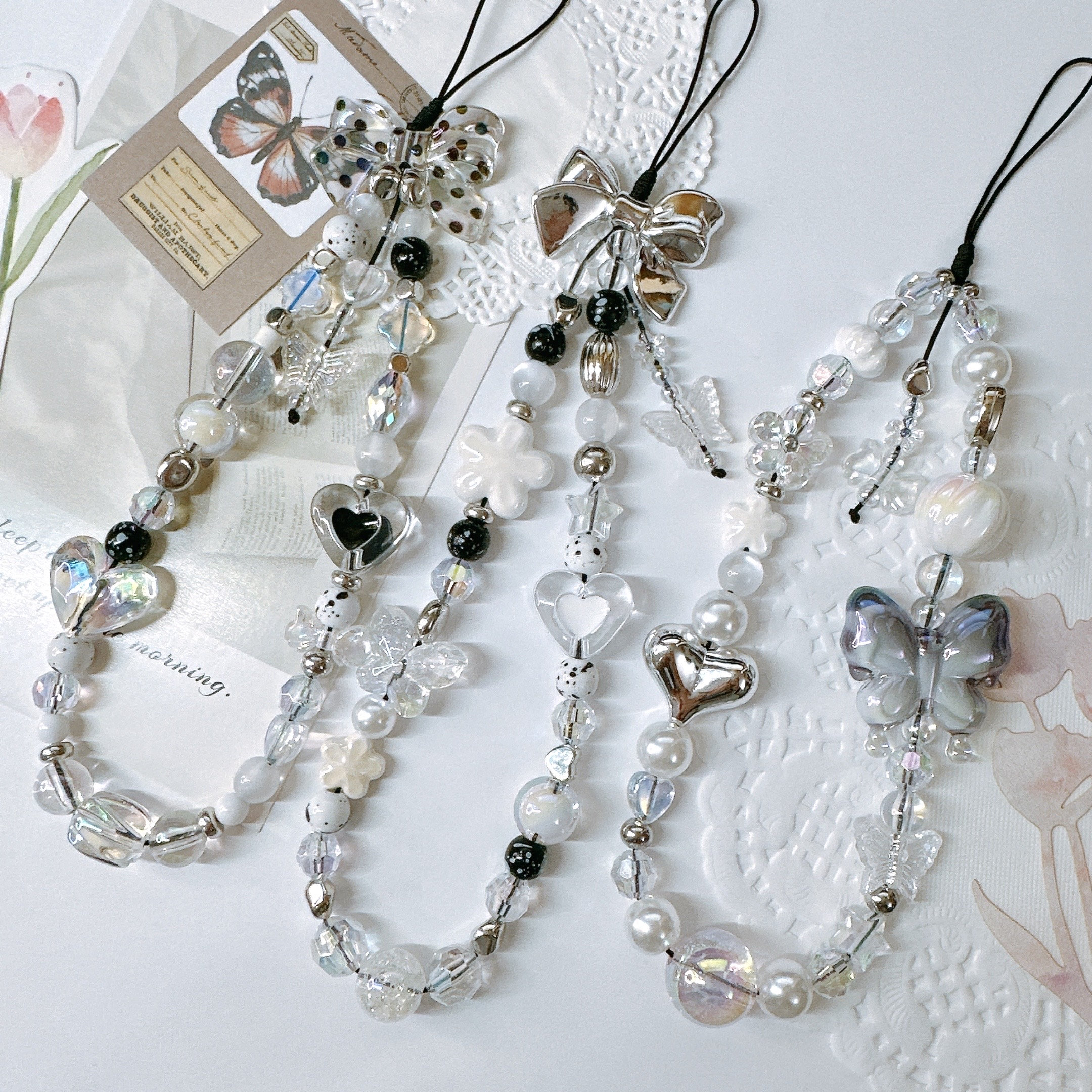 4PCS Phone Charm Love Fruit Evil Eye Beads Cell Phone Lanyard Handmade Bohemian Polymer Clay Wrist Straps For Women Girl Phone Case Camera Decoration