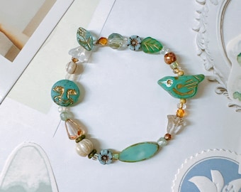 Bird & Moon Face Czech bead Bracelet Elastic Vintage style Bracelet Boho stretch Bracelet Gift for friend