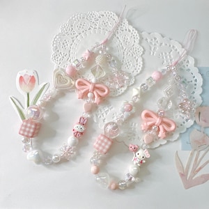 Kitty Phone Charm Lanyard: Beaded Wrist Strap, Y2K Coquette Keychain