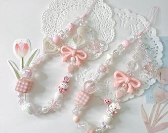 Kitty Phone Charm Lanyard: Beaded Wrist Strap, Y2K Coquette Keychain
