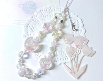 Pink Moon Beaded Phone Charm: Handmade Wrist Strap Lanyard