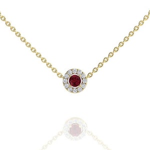 Ruby & Diamond Halo Necklace, Solid 14k Yellow Gold, Small Ruby Necklace Pendant, Minimalist Women&#39;s Everyday Jewelry, July Birthstone