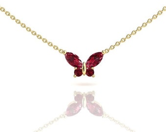 Ruby Butterfly Necklace, Solid 14k Yellow Gold, Small Marquise Cut Ruby Pendant, Minimalist Everyday Jewelry, July Birthstone Gift For Her