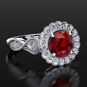 Platinum Ruby Halo Ring / Unique Engagement Ring / Statement Ring / Cocktail Ring / Natural Diamonds / Round Ruby Ring / Vintage Style Ring