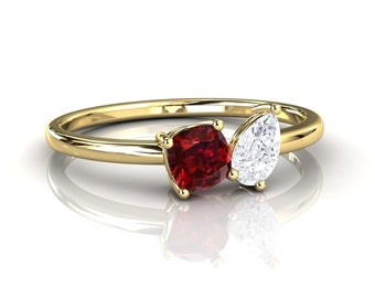Ruby Toi Et Moi Ring, 14k Yellow Gold, Cushion Shape Ruby & Pear Moissanite Ring, Stacking Ring, Small Engagement Ring, Unique Promise Ring